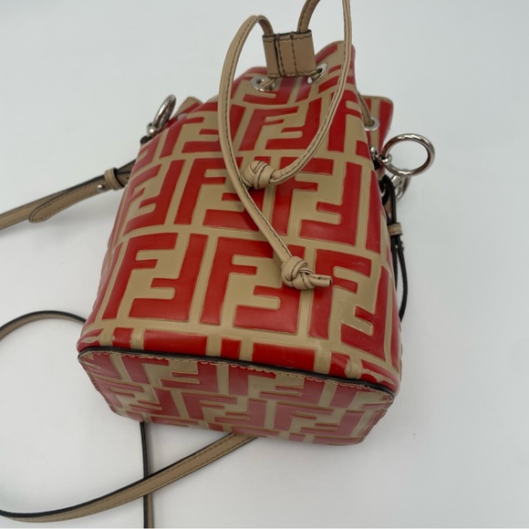 (SOLD) Fendi Monogram Embossed Beige/Red Leather Tresor Drawstring Bucket Bag - Picture 11 of 17